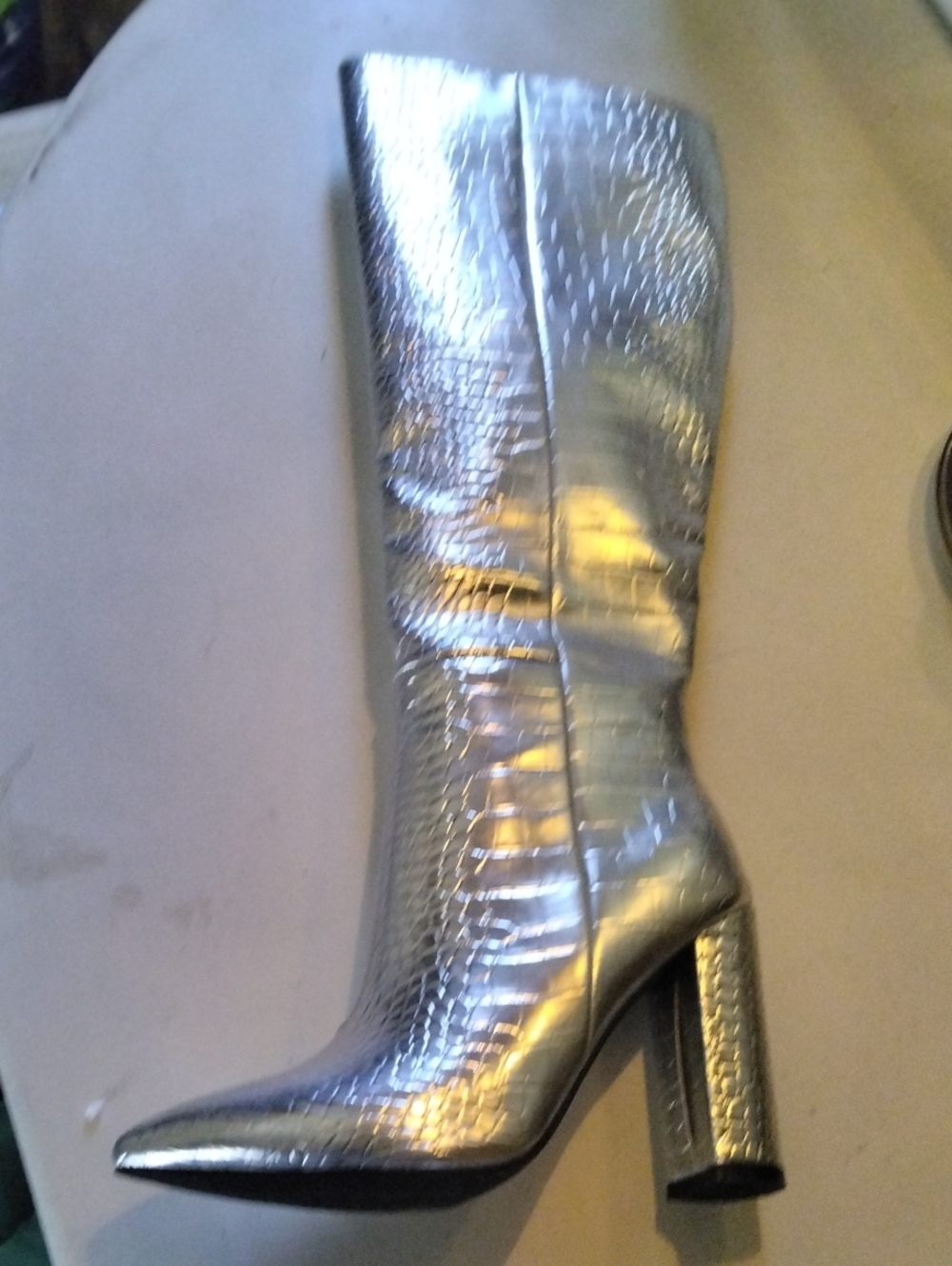 Silver Croc-Embossed Knee Boot with Block Heel